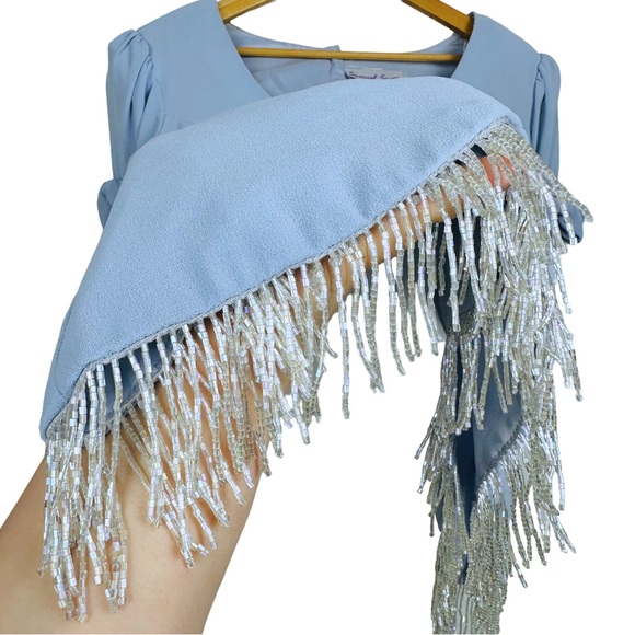 Samuel Scott Vintage Short Sleeve Back Button Beaded Fringe Blouse Light Blue - Picture 3 of 9